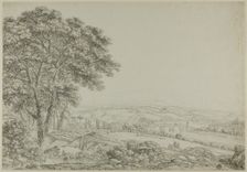Wooded Pond with Bathing Figures, Vista of River Bridge, and Farms, n.d