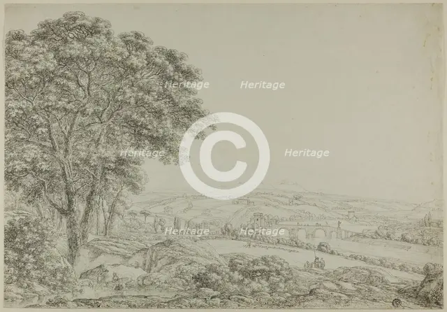 Wooded Pond with Bathing Figures, Vista of River Bridge, and Farms, n.d.