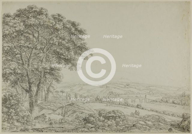 Wooded Pond with Bathing Figures, Vista of River Bridge, and Farms, n.d.