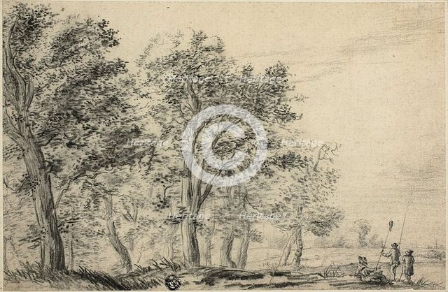 Wooded River Landscape with Three People Fishing, n.d. Creator: Possibly Jacob van Ruisdael Dutch, 1628/29-1682.