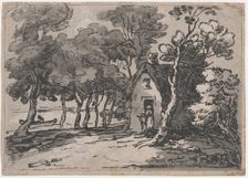 Wooded Scene With Figures at the Door of a Cottage, 1783-88., 1783-88. Creator: Thomas Rowlandson