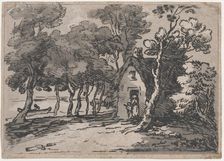 Wooded Scene With Figures at the Door of a Cottage, 1783-88., 1783-88. Creator: Thomas Rowlandson