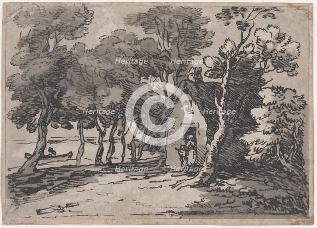 Wooded Scene With Figures at the Door of a Cottage, 1783-88., 1783-88. Creator: Thomas Rowlandson.