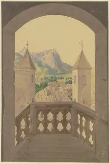 Wooden balcony with stairs, view of a Tyrolean village, snow-capped mountains..., 19th century. Creator: Karl Ballenberger
