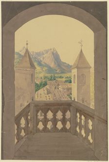 Wooden balcony with stairs, view of a Tyrolean village, snow-capped mountains..., 19th century. Creator: Karl Ballenberger