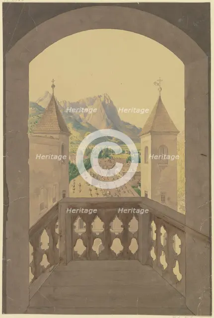 Wooden balcony with stairs, view of a Tyrolean village, snow-capped mountains..., 19th century. Creator: Karl Ballenberger.