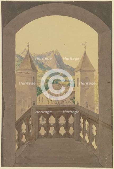 Wooden balcony with stairs, view of a Tyrolean village, snow-capped mountains..., 19th century. Creator: Karl Ballenberger.