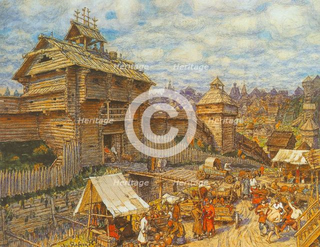 Wooden City of Moscow in the 14th century. Artist: Vasnetsov, Appolinari Mikhaylovich (1856-1933)