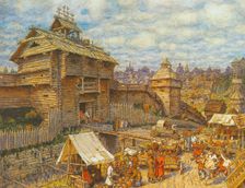 Wooden City of Moscow in the 14th century. Artist: Vasnetsov, Appolinari Mikhaylovich (1856-1933)