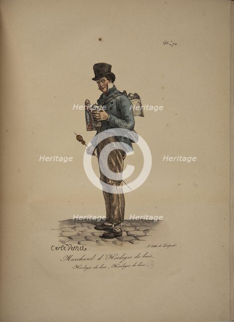 Wooden clock seller. From the Series "Cris de Paris" (The Cries of Paris), 1815. Creator: Vernet, Carle (1758-1836).