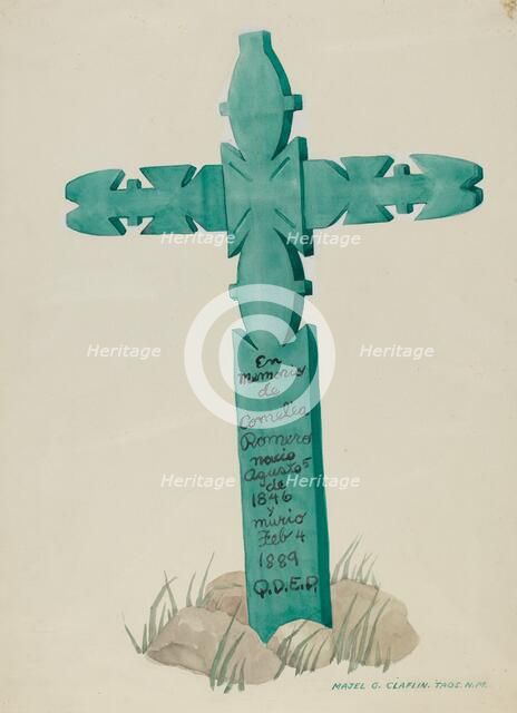 Wooden Cross, Carved, Used as Headstone, c. 1937. Creator: Majel G. Claflin.