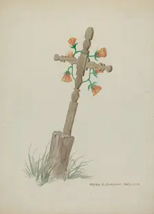 Wooden Cross used as Headstone, c. 1937. Creator: Majel G. Claflin