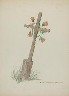 Wooden Cross used as Headstone, c. 1937. Creator: Majel G. Claflin
