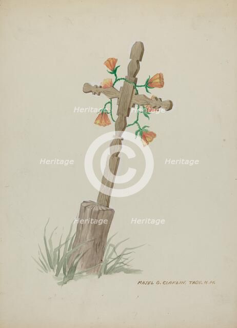 Wooden Cross used as Headstone, c. 1937. Creator: Majel G. Claflin.