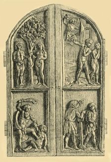 Wooden diptych with scenes from the Book of Genesis, mid 19th century, (1881). Creator: W Wise