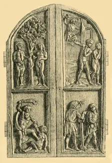 Wooden diptych with scenes from the Book of Genesis, mid 19th century, (1881). Creator: W Wise