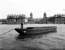 Wooden lighter and topsail barges on the Thames at Greenwich, London, c1905