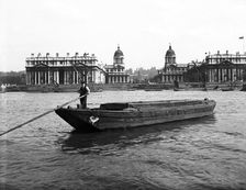 Wooden lighter and topsail barges on the Thames at Greenwich, London, c1905
