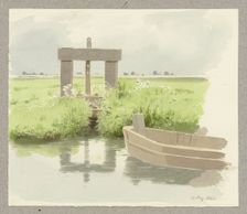 Wooden lock, a boat floating on the water to the right, 1860. Creator: Carl Theodor Reiffenstein