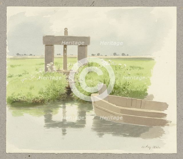Wooden lock, a boat floating on the water to the right, 1860. Creator: Carl Theodor Reiffenstein.