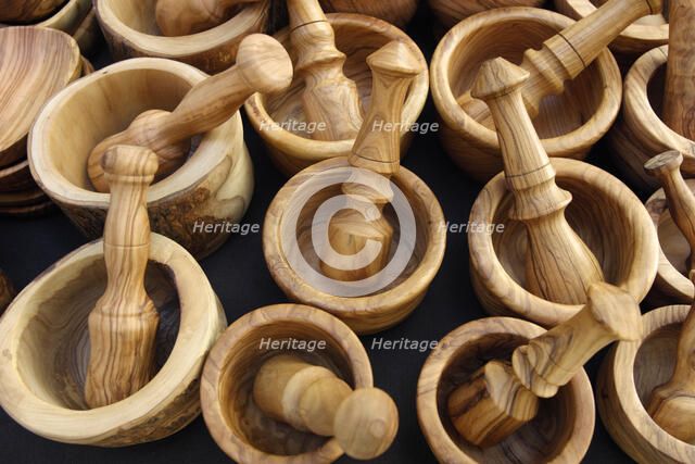 Wooden pestles and mortars for sale in a market, Mallorca, Spain.