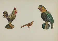 Wooden Rooster, Pheasant, and Parrot, c. 1937. Creator: Victor F. Muollo