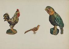 Wooden Rooster, Pheasant, and Parrot, c. 1937. Creator: Victor F. Muollo