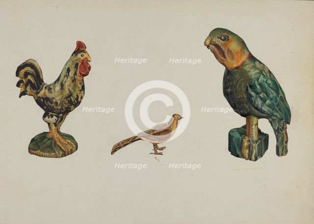 Wooden Rooster, Pheasant, and Parrot, c. 1937. Creator: Victor F. Muollo.