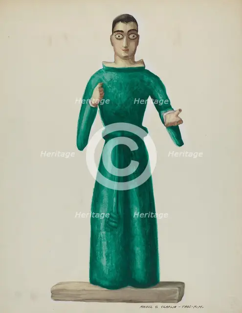 Wooden Santo in Bright Green Dress, 1935/1942. Creator: Majel G. Claflin.