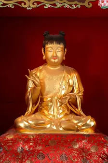Wooden Seated Child Manjusri Statue (Munsu Bosal). National Treasure No 221, 15th century. Creator: The Oriental Applied Arts ()