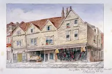 Wooden shop fronts described as Sharps's Buildings, Royal Mint Street, Stepney, London, 1871 Artist: Charles James Richardson