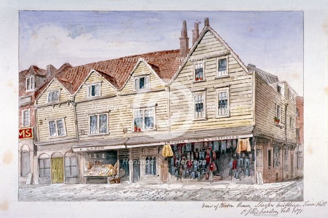 Wooden shop fronts described as Sharps's Buildings, Royal Mint Street, Stepney, London, 1871 Artist: Charles James Richardson