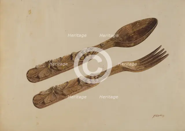 Wooden Spoon and Fork, c. 1939. Creator: John Cutting.