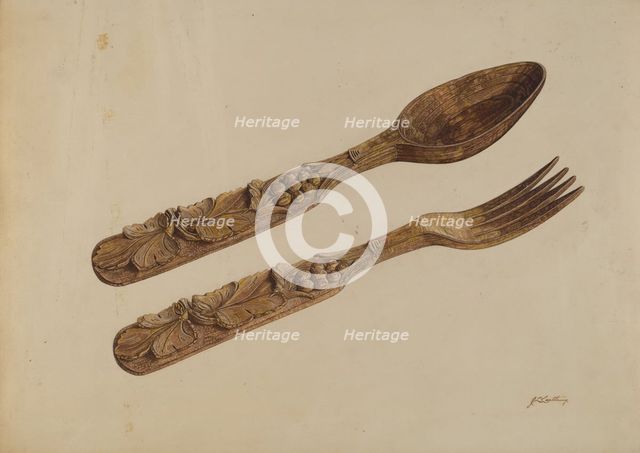 Wooden Spoon and Fork, c. 1939. Creator: John Cutting.