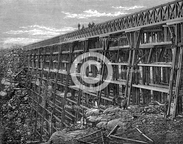 Wooden trestle bridge on the Union Pacific Railroad, Dale Creek, Wyoming, USA, 1869. Creator: Unknown.