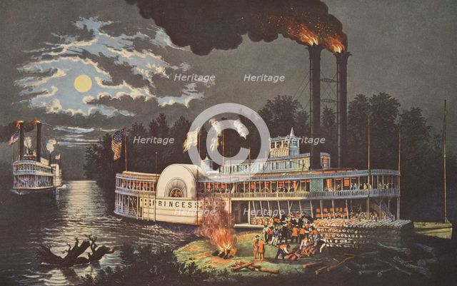  'Wooding Up' On The Mississippi, pub. 1863, Currier & Ives (Colour Lithograph)