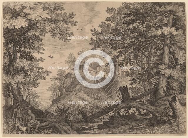 Woodland Scene with Two Hunters and a Dog to the Left, probably c. 1609. Creator: Aegidius Sadeler II.
