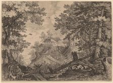 Woodland Scene with Two Hunters and a Dog to the Left, probably c. 1609. Creator: Aegidius Sadeler II