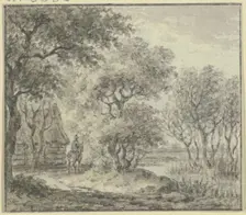 Woodland scene with water and a house, including a rider, 18th century. Creator: Jan Evert Grave