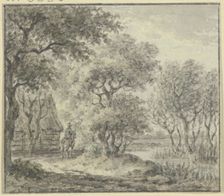 Woodland scene with water and a house, including a rider, 18th century. Creator: Jan Evert Grave