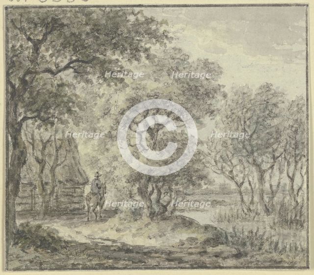 Woodland scene with water and a house, including a rider, 18th century. Creator: Jan Evert Grave.