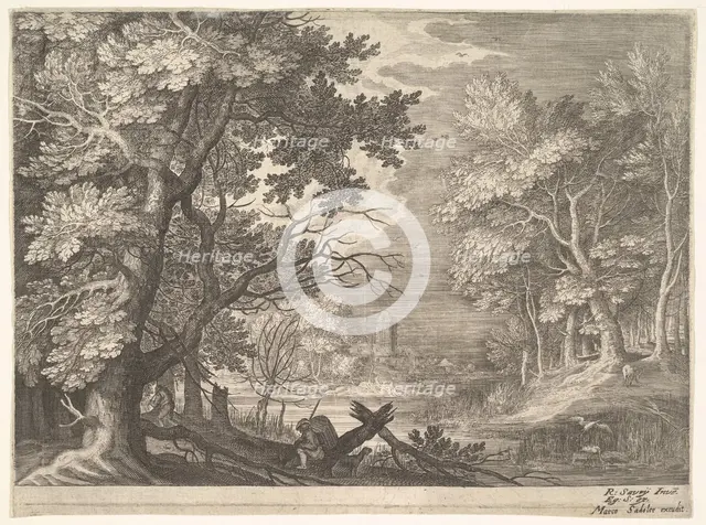 Woodland scene with marshy banks, two men and a dog in profile at left, two-long-necke..., ca. 1600. Creator: Aegidius Sadeler II.