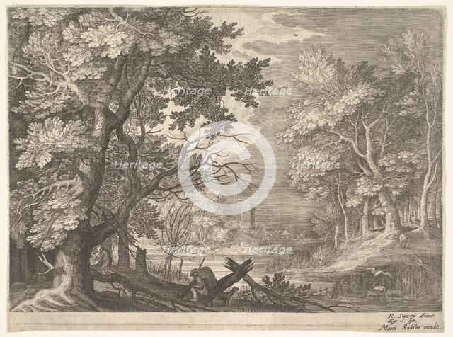 Woodland scene with marshy banks, two men and a dog in profile at left, two-long-necke..., ca. 1600. Creator: Aegidius Sadeler II.