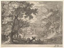 Woodland scene with marshy banks, two men and a dog in profile at left, two-long-necke..., ca. 1600. Creator: Aegidius Sadeler II