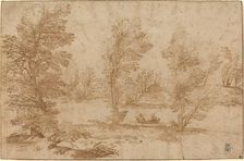 Woodland River with a Boat, c. 1590. Creator: Agostino Carracci