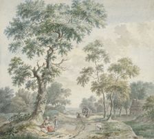 Woods with figures by a road, covered wagon approaching, 1779. Creator: Gerardus Wieringa