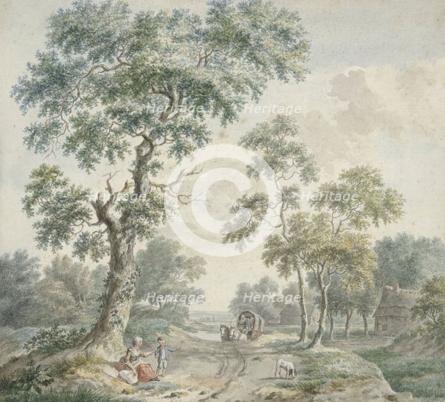 Woods with figures by a road, covered wagon approaching, 1779. Creator: Gerardus Wieringa.