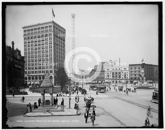 Woodward Avenue at the Campus Martius, Detroit, between 1890 and 1901. Creator: Unknown.