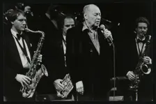 Woody Herman in concert at the Forum Theatre, Hatfield, Hertfordshire, 1983. Creator: Denis Williams
