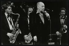Woody Herman in concert at the Forum Theatre, Hatfield, Hertfordshire, 1983. Creator: Denis Williams